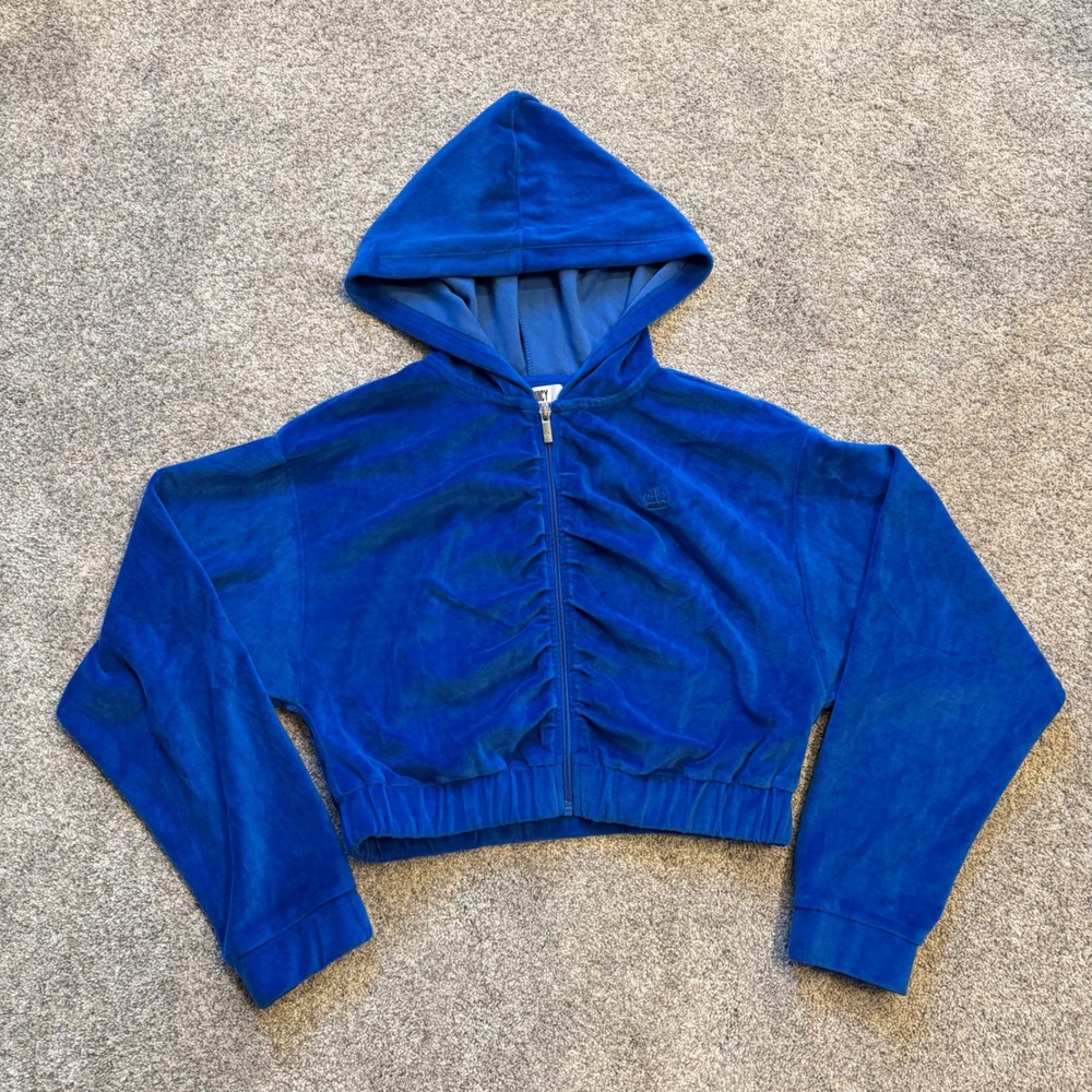 Juicy by Juicy Couture Royal Blue Velour Ruched Cropped Hoodie Small Y2K Crown
